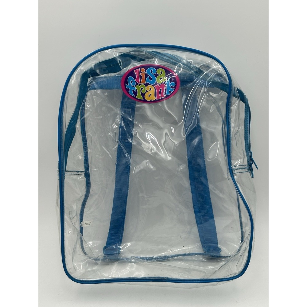 Vintage 90s Y2K Lisa Frank Logo Clear Backpack See-Thru Vinyl Blue Straps 15"